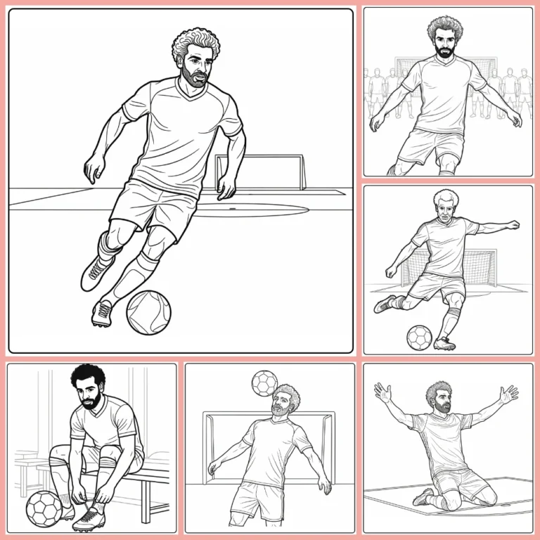 Mohamed Salah coloring page collection preview with soccer action scenes
