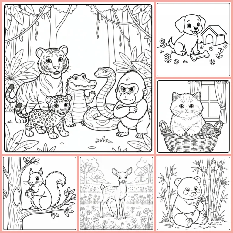 Cute animal coloring page collection preview with many friendly animals