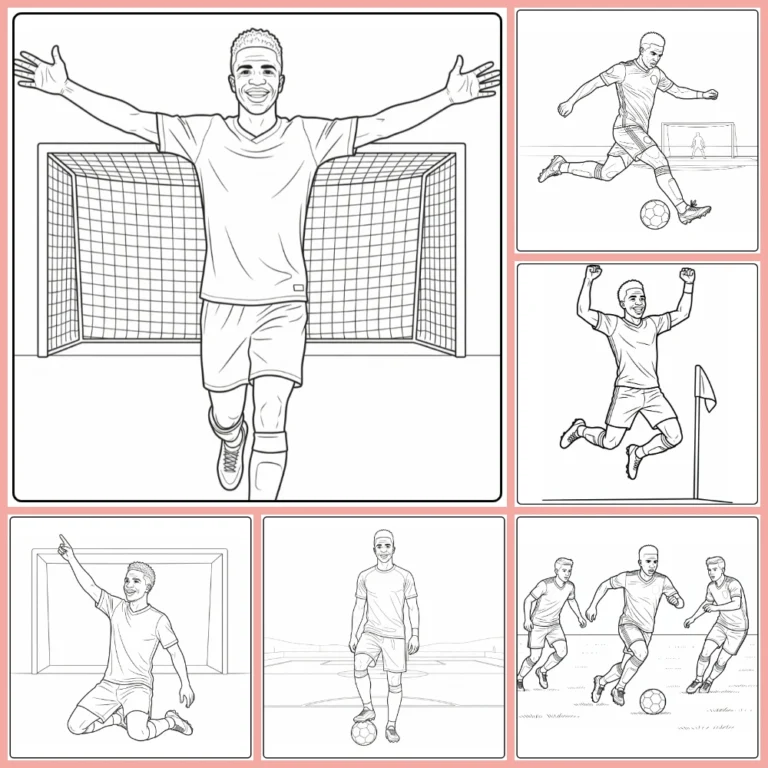 Vini Jr coloring page collection preview featuring dribbles and goal celebrations