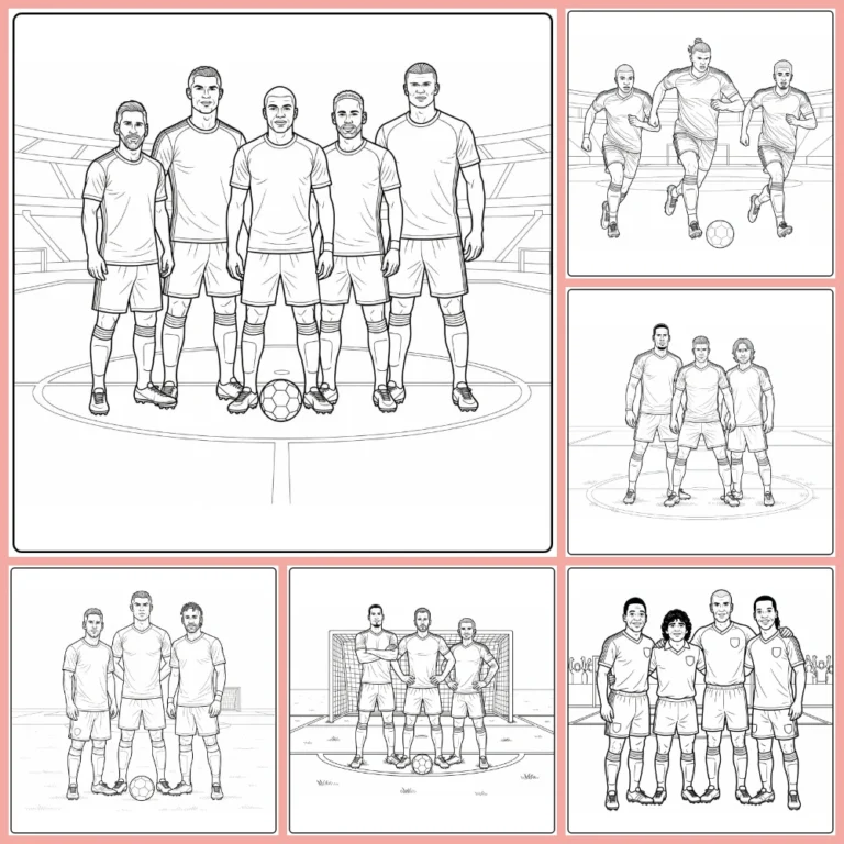 Soccer coloring page collection preview with teams and star players