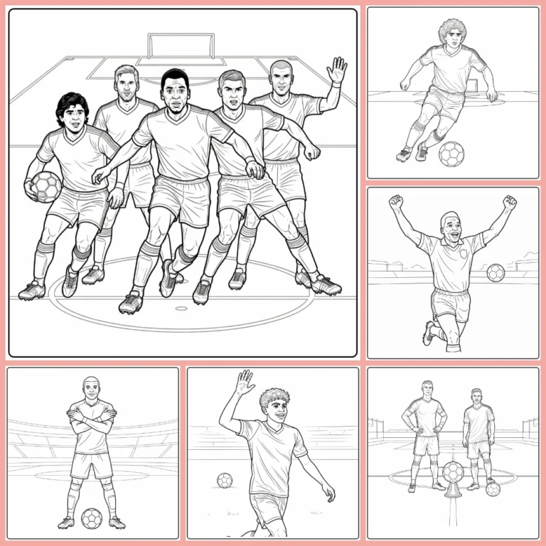Soccer player coloring page collection preview with legendary athletes