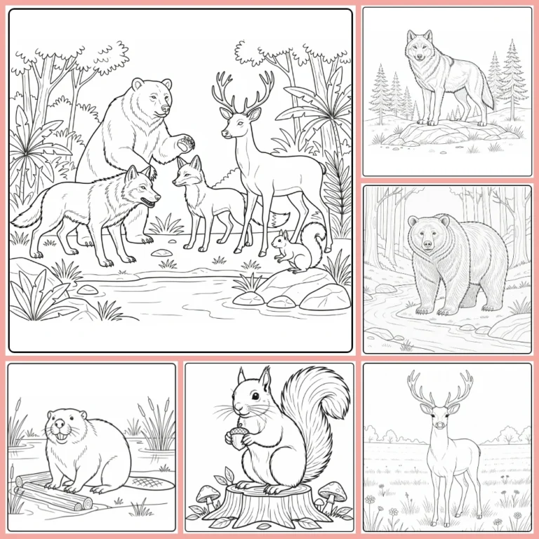 Wild animal coloring page collection preview with many habitats