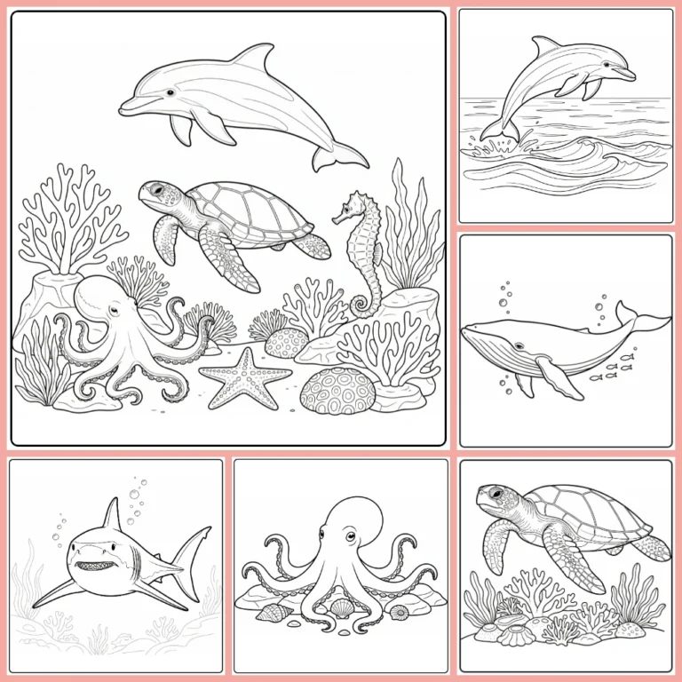 Sea animal coloring page collection preview with ocean creatures