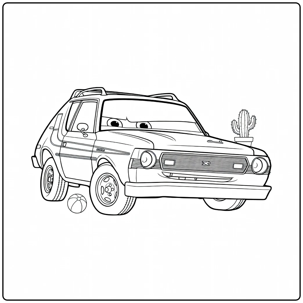 Grem coloring page funny car with face and cactus