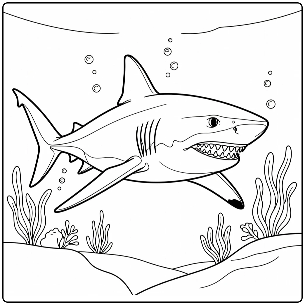 Shark coloring page showing a shark underwater