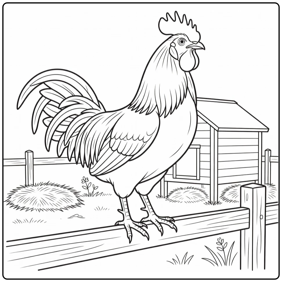 Rooster coloring page showing a rooster on a fence