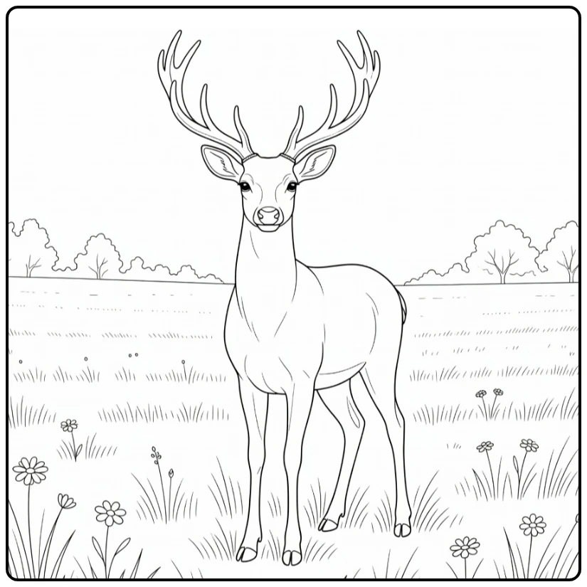 Deer coloring page showing a deer in a meadow