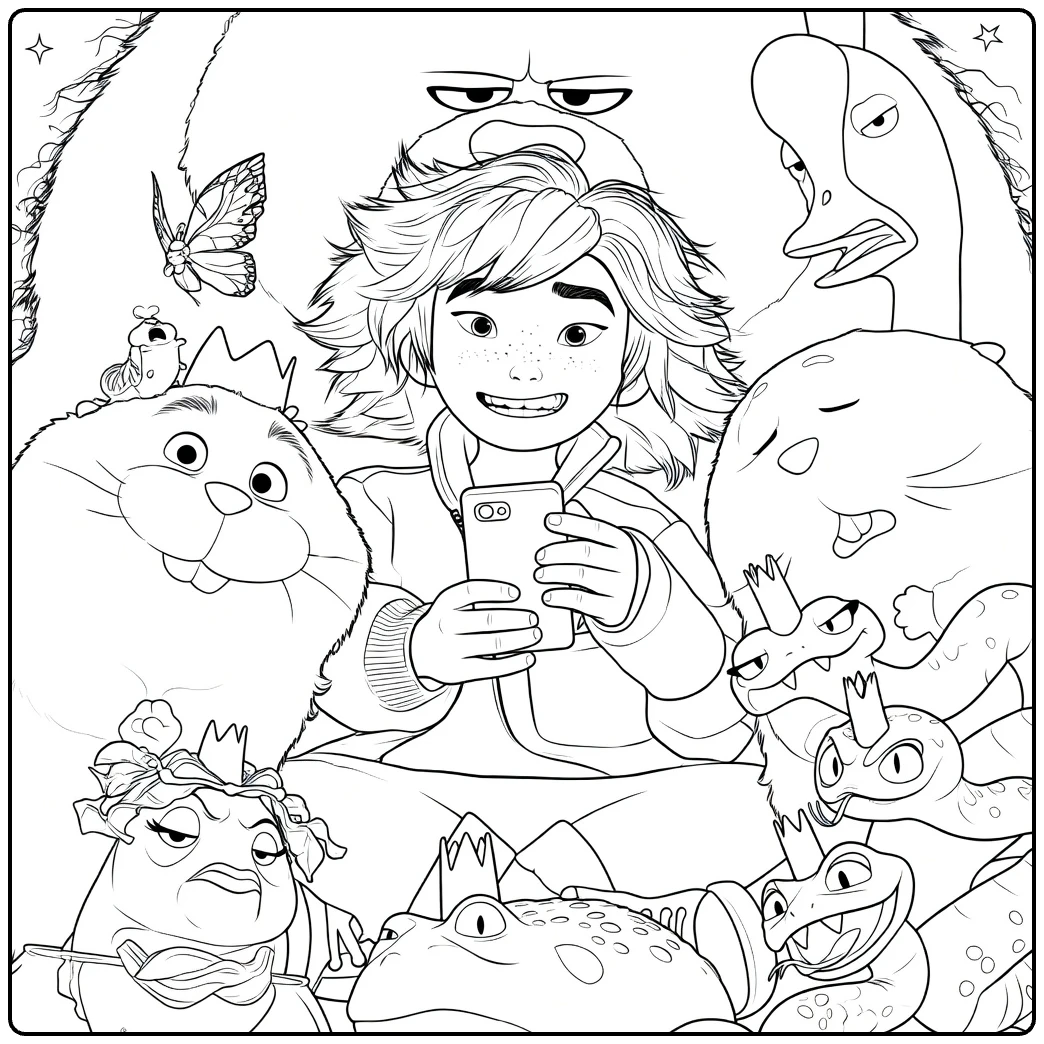 Hoppers coloring page with a girl selfie and cute animals