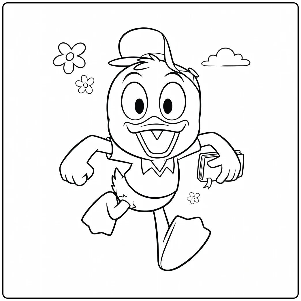 Huey Duck coloring page of happy duck with boek