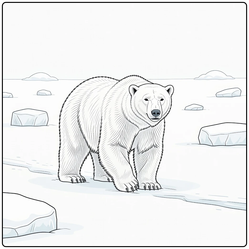Polar animal coloring page featuring a polar bear on arctic ice