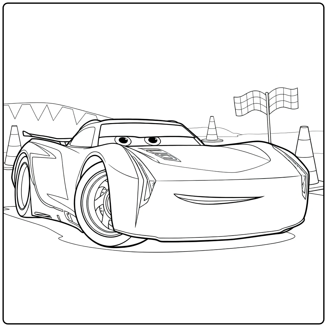 Jackson Storm coloring page of race car with flag