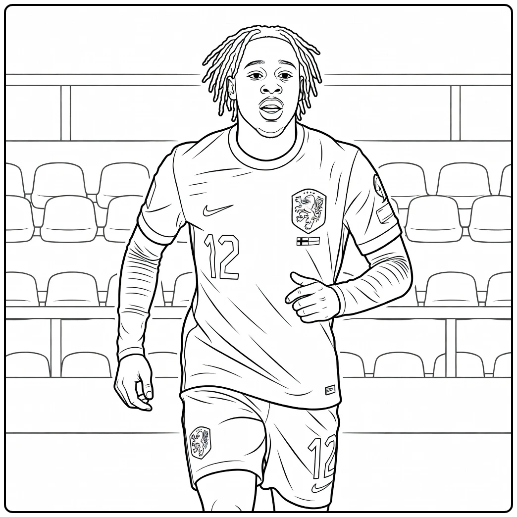 Jeremie Frimpong coloring page showing him running on the field