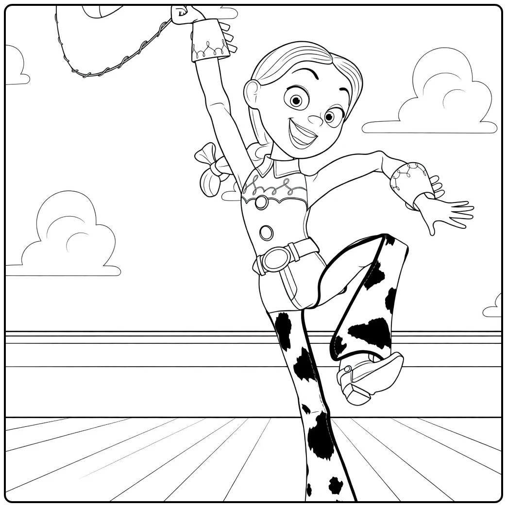 Jessie coloring page of happy cowgirl with hoed