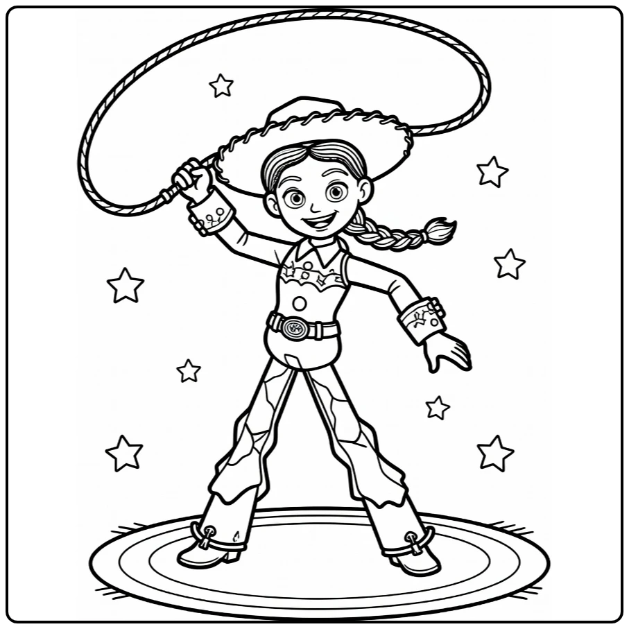 Jessie coloring page with lasso and cowgirl pose