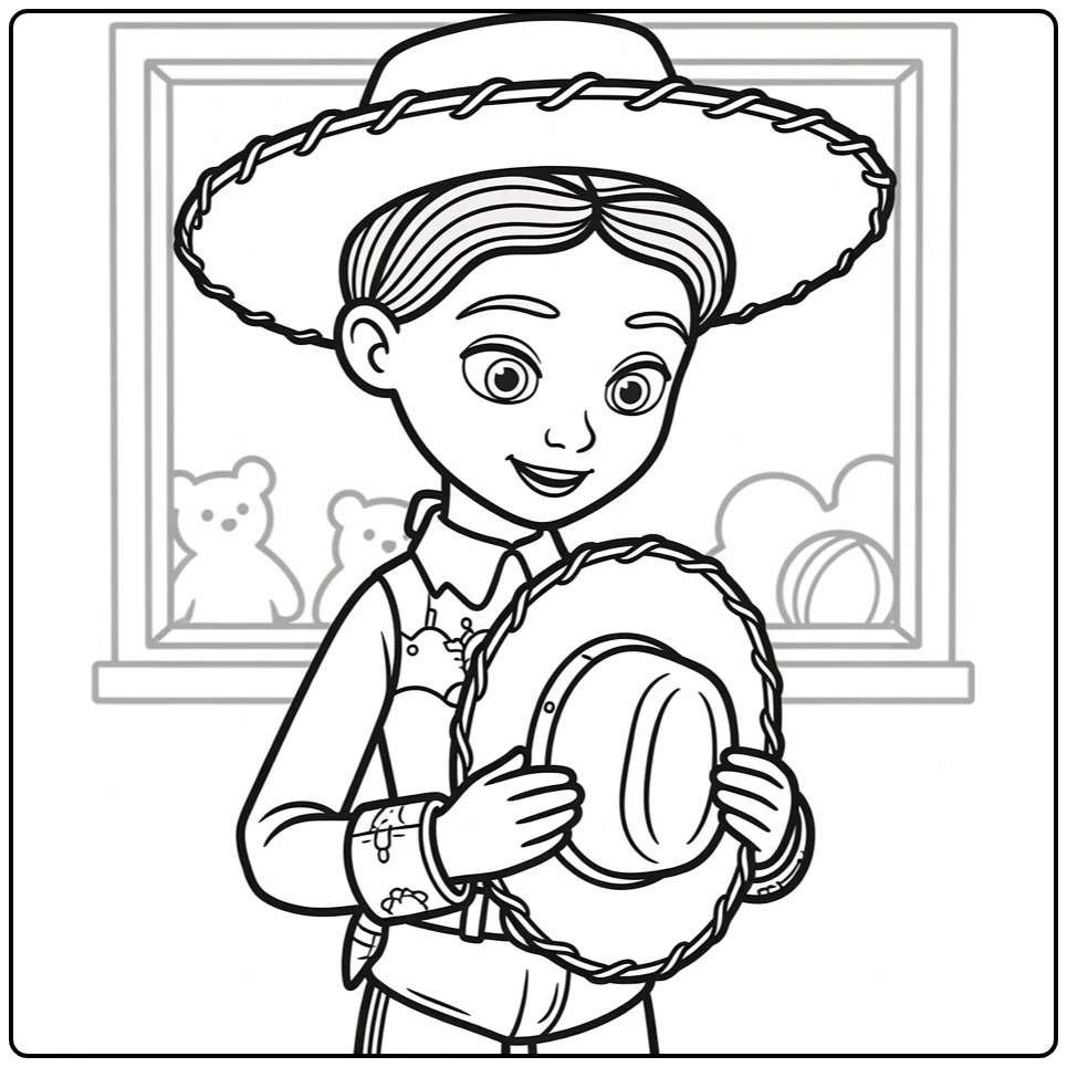 Jessie coloring page with hoed in tedere pose