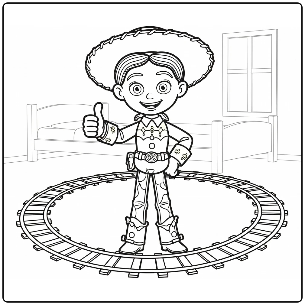 Jessie coloring page with duim omhoog with treinspoor