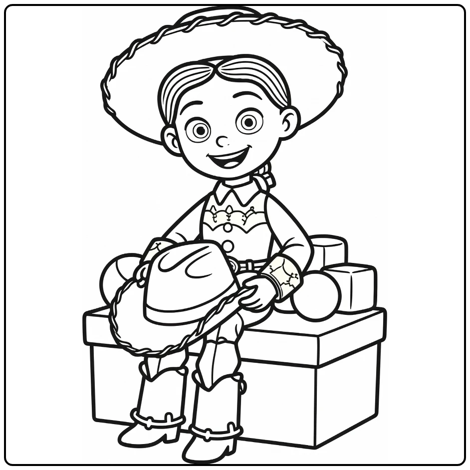 Jessie coloring page with Jessie on speelgoedkist