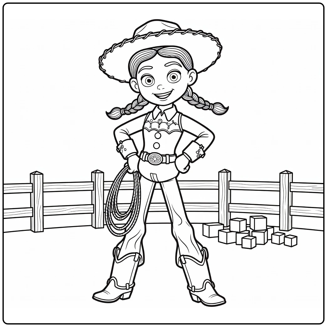 Jessie coloring page of cowgirl with lasso and hek