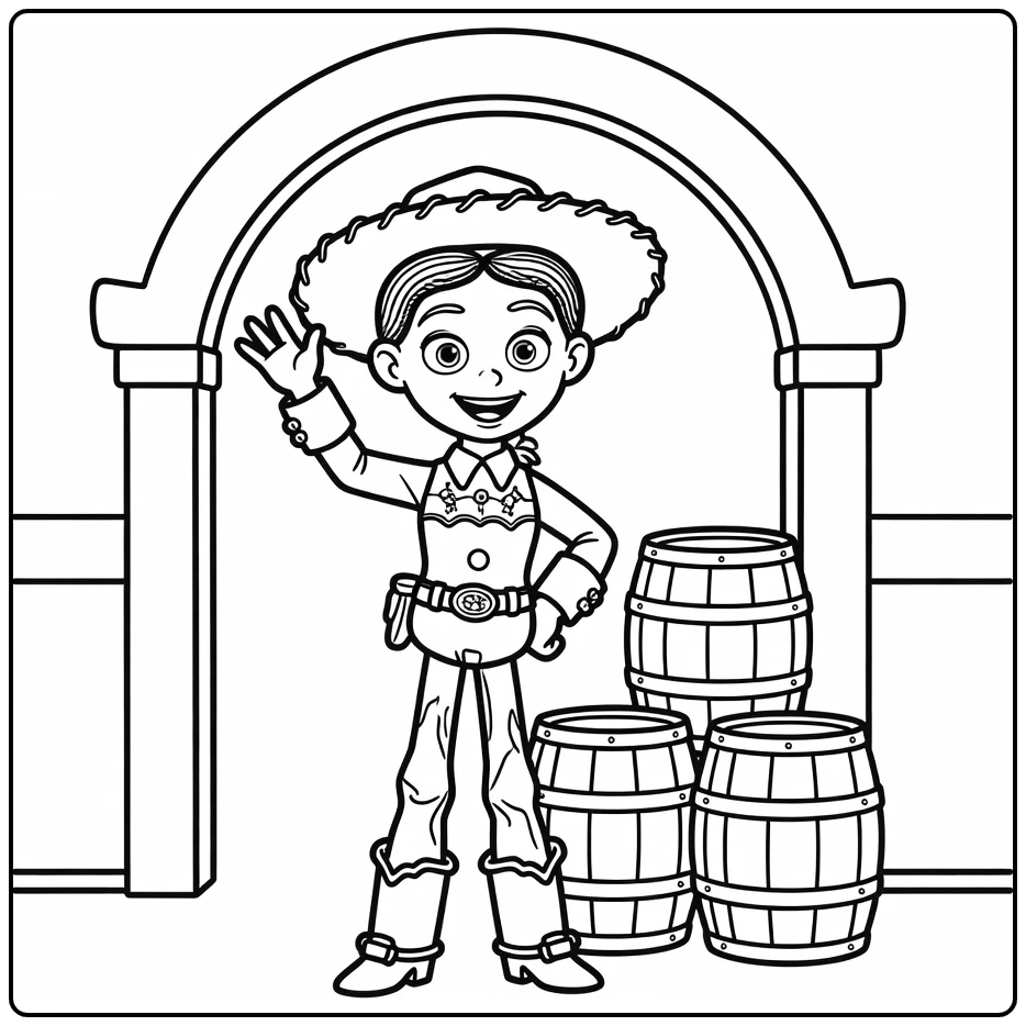 Jessie coloring page with Jessie waving beside barrels