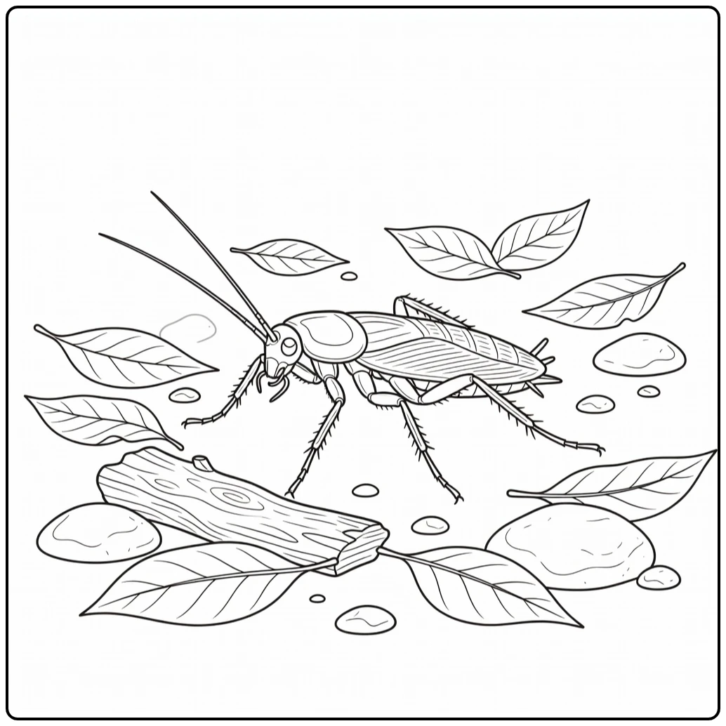 Cockroach coloring page showing an insect among fallen leaves