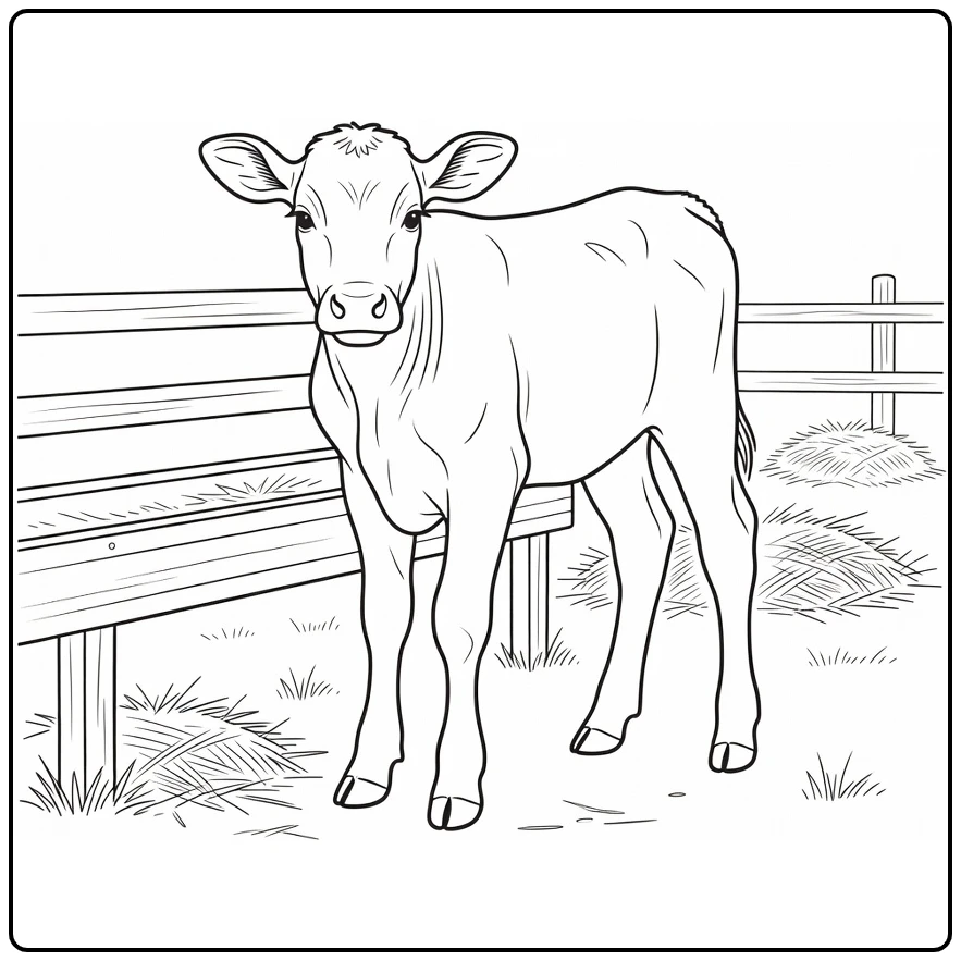Calf coloring page showing a calf by a trough
