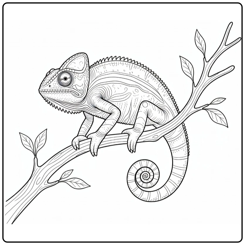 Chameleon coloring page showing a wild animal on a branch