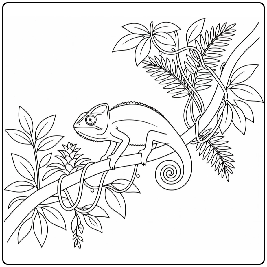 Chameleon coloring page showing a lizard on a leafy branch