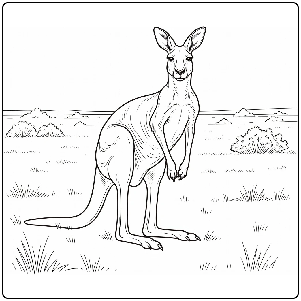 Kangaroo coloring page showing a kangaroo in grassland