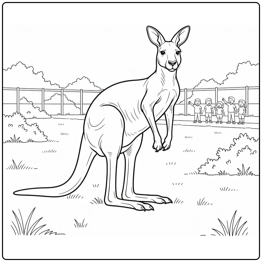 Zoo coloring page featuring a kangaroo in its enclosure