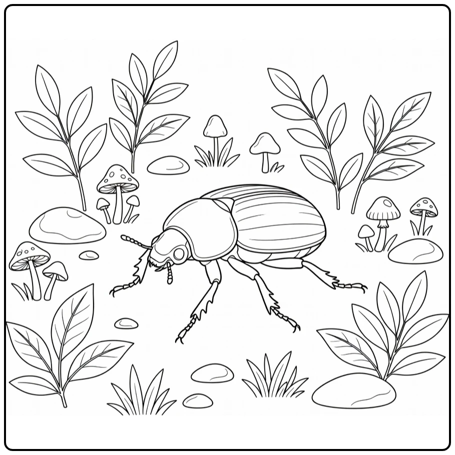 Beetle coloring page showing an insect in a woodland scene