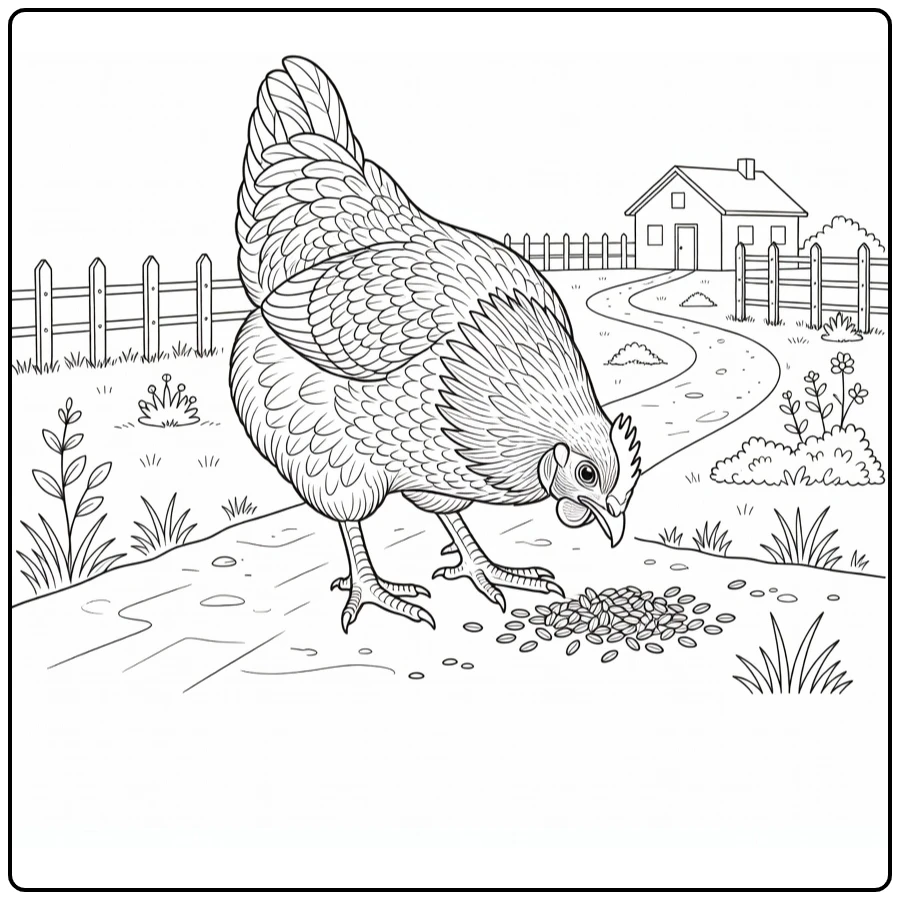 Hen coloring page showing a chicken on a farm path