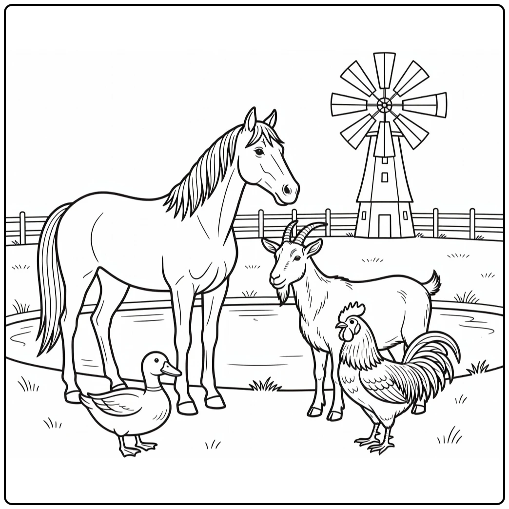 Farm animal coloring page featuring a horse, duck, goat, and rooster