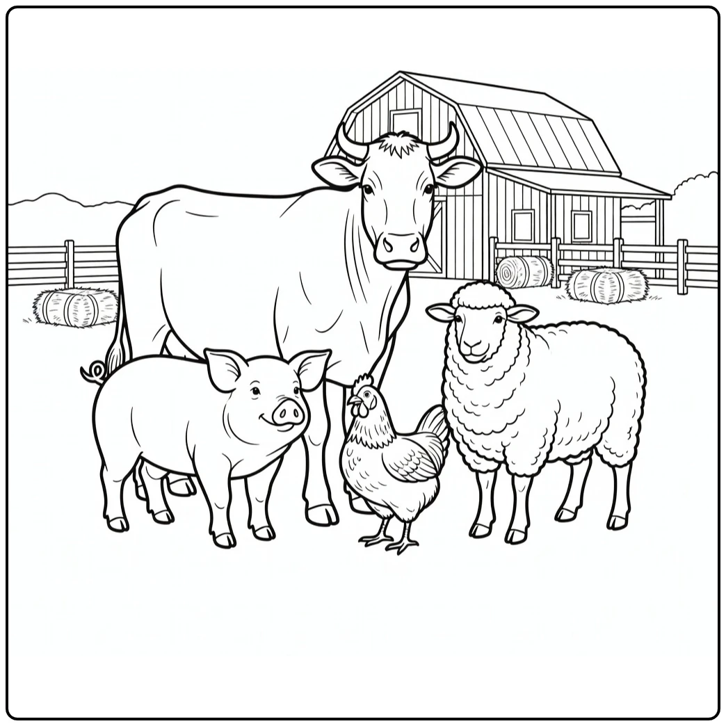 Farm animal coloring page with a cow, pig, chicken, and sheep