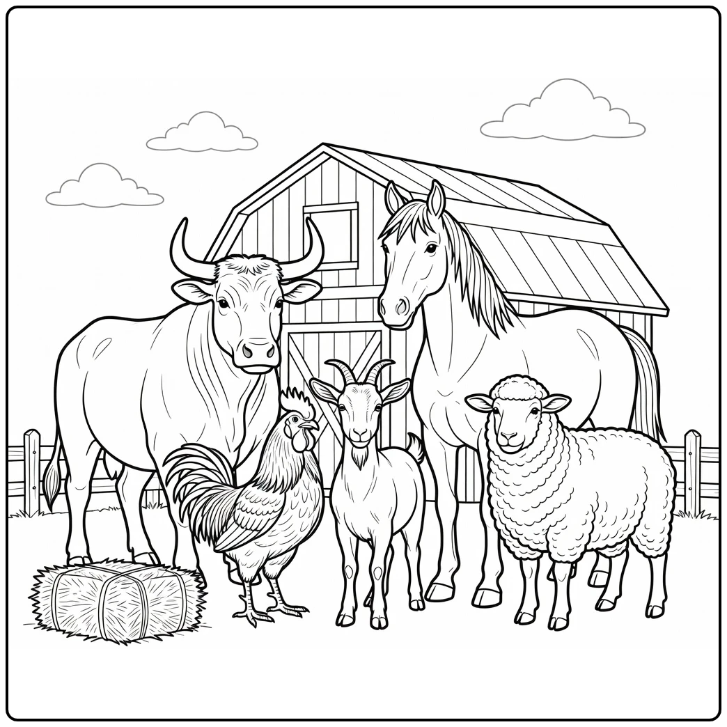 Farm animal coloring page showing several animals by a barn