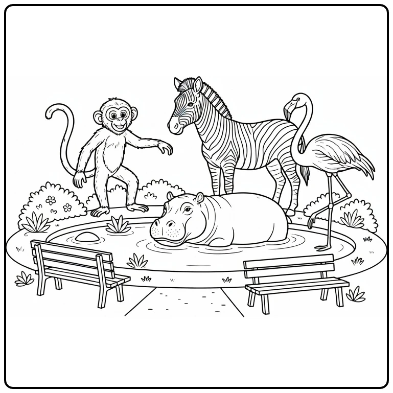 Zoo coloring page with a monkey, zebra, hippo, and flamingo