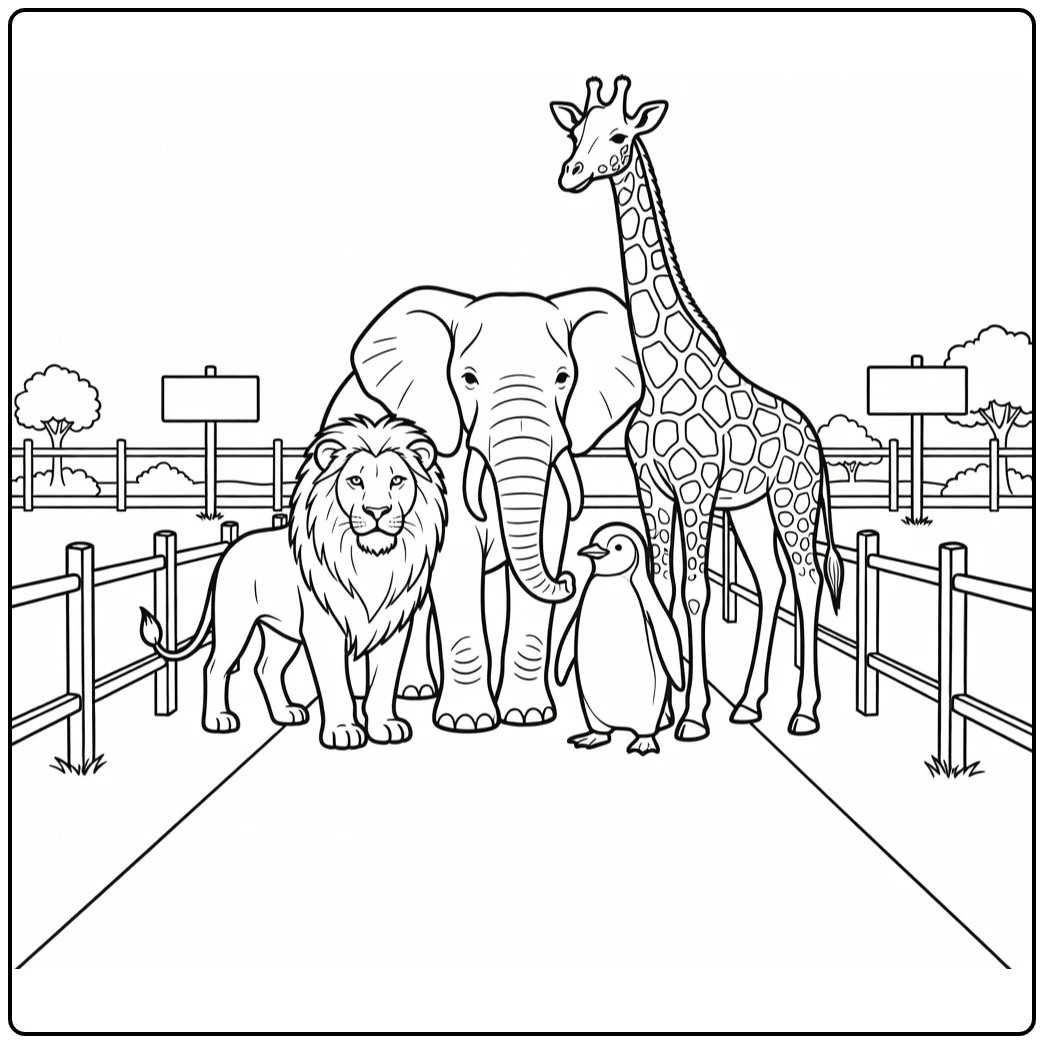 Zoo coloring page featuring a lion, elephant, giraffe, and penguin