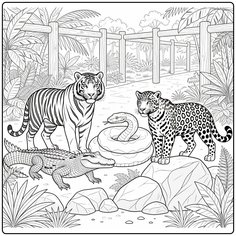 Zoo coloring page featuring a tiger, crocodile, python, and jaguar