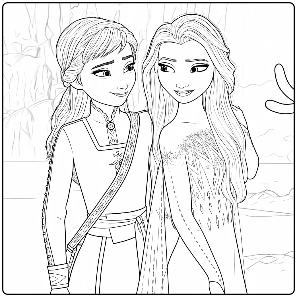 coloring page frozen 2 with Anna and Elsa in the sneeuw