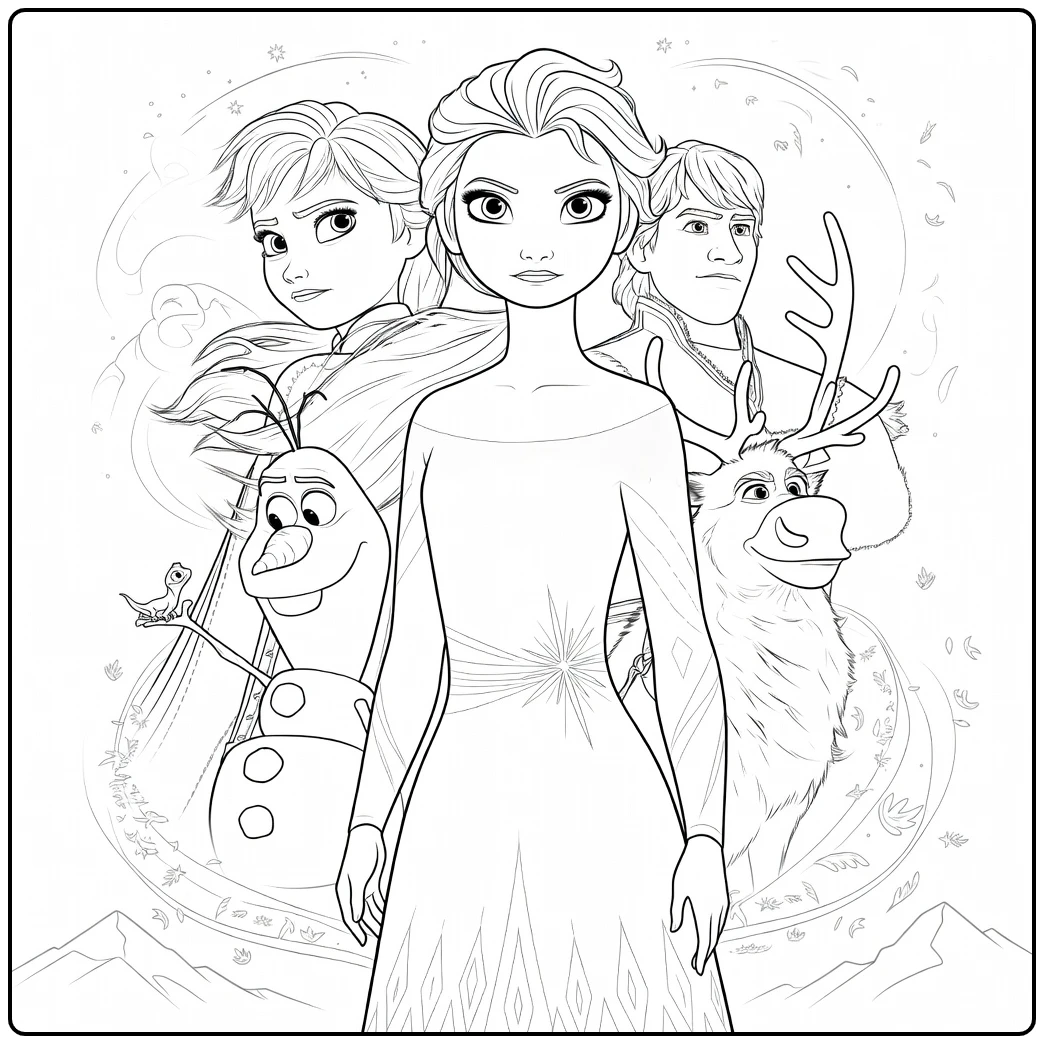 Frozen 2 coloring page with Elsa, Anna, Olaf, and Sven