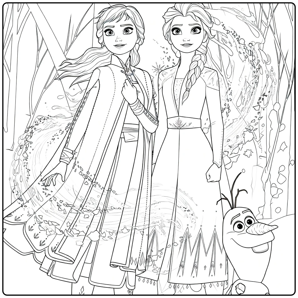 coloring page frozen 2 with Elsa Anna and Olaf in bos