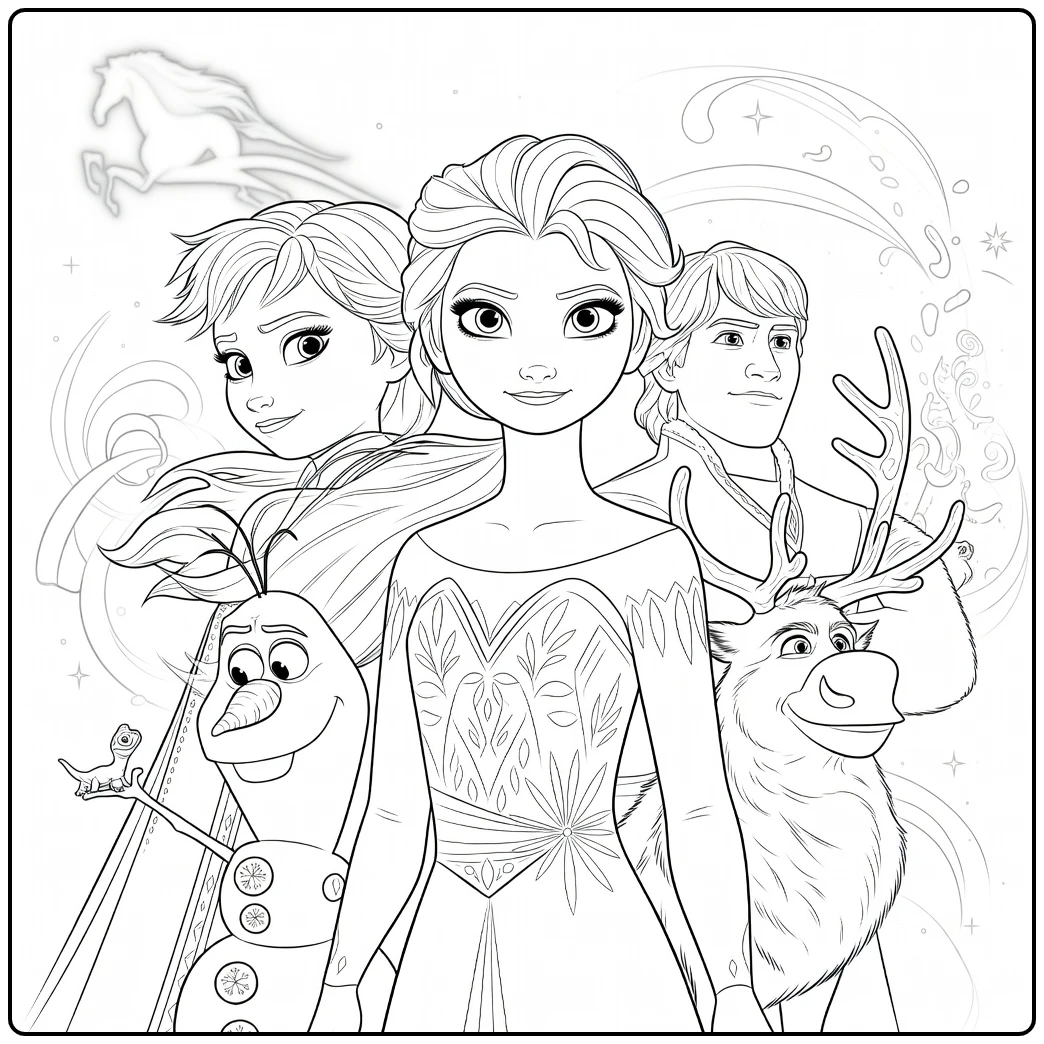 coloring page frozen 2 with Elsa Anna Olaf and Sven