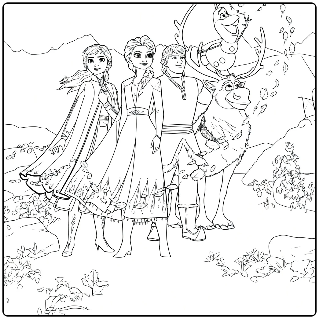 coloring page frozen 2 with Anna Elsa Kristoff Olaf and Sven