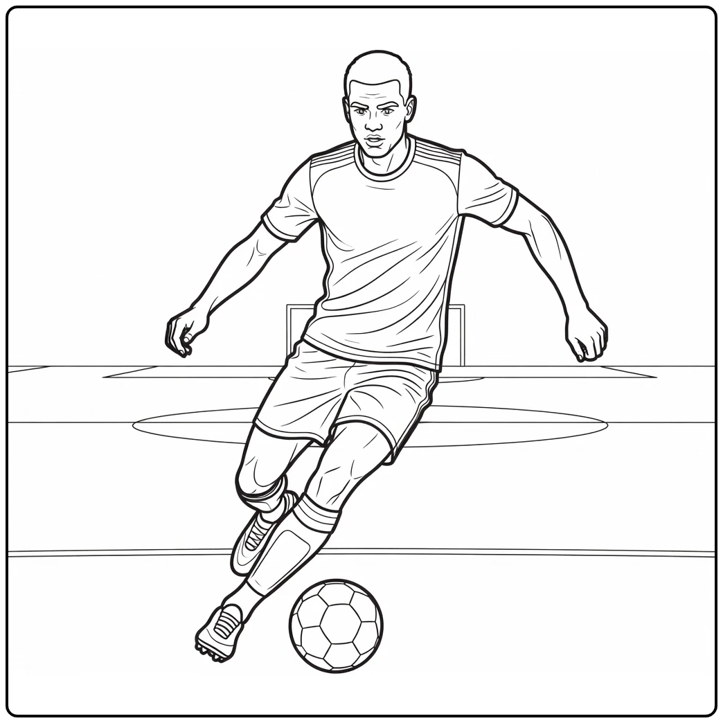 Gakpo coloring page showing Cody dribbling across the field