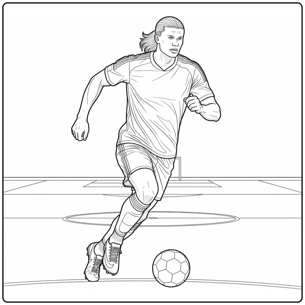Haaland coloring page showing the striker sprinting with the ball