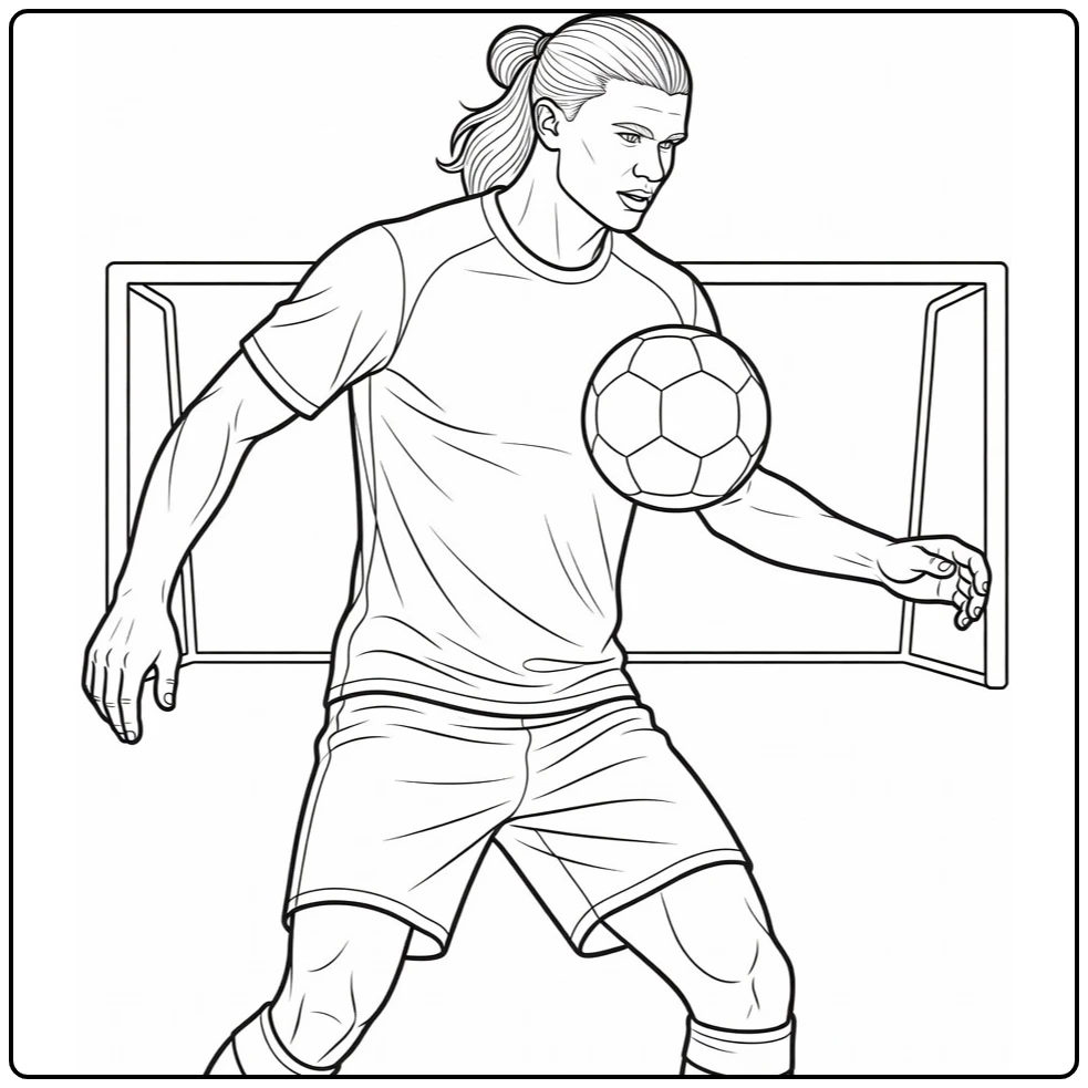 Ball-control coloring page of Haaland receiving a pass with his chest