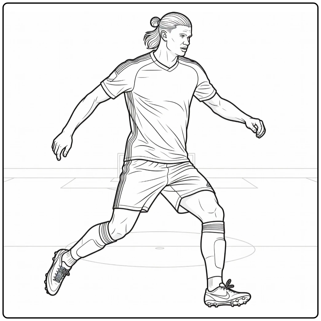 Haaland coloring page as he turns with the ball toward goal
