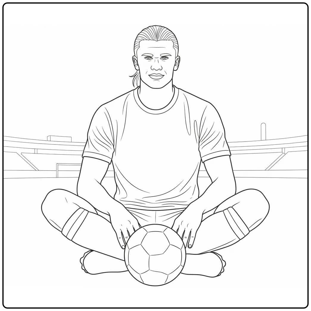 Haaland coloring page featuring Erling seated on the field with a ball