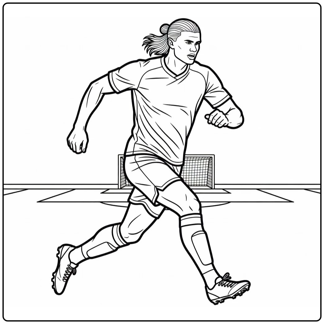 Haaland coloring page showing Erling sprinting toward the goal