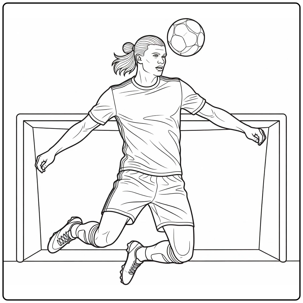 Aerial coloring page of Haaland leaping to head the soccer ball