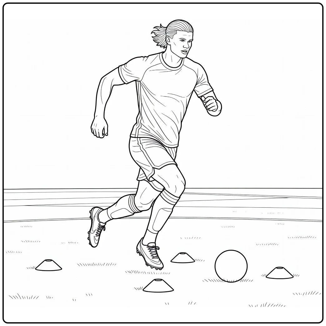 Training coloring page of Haaland moving the ball through cones